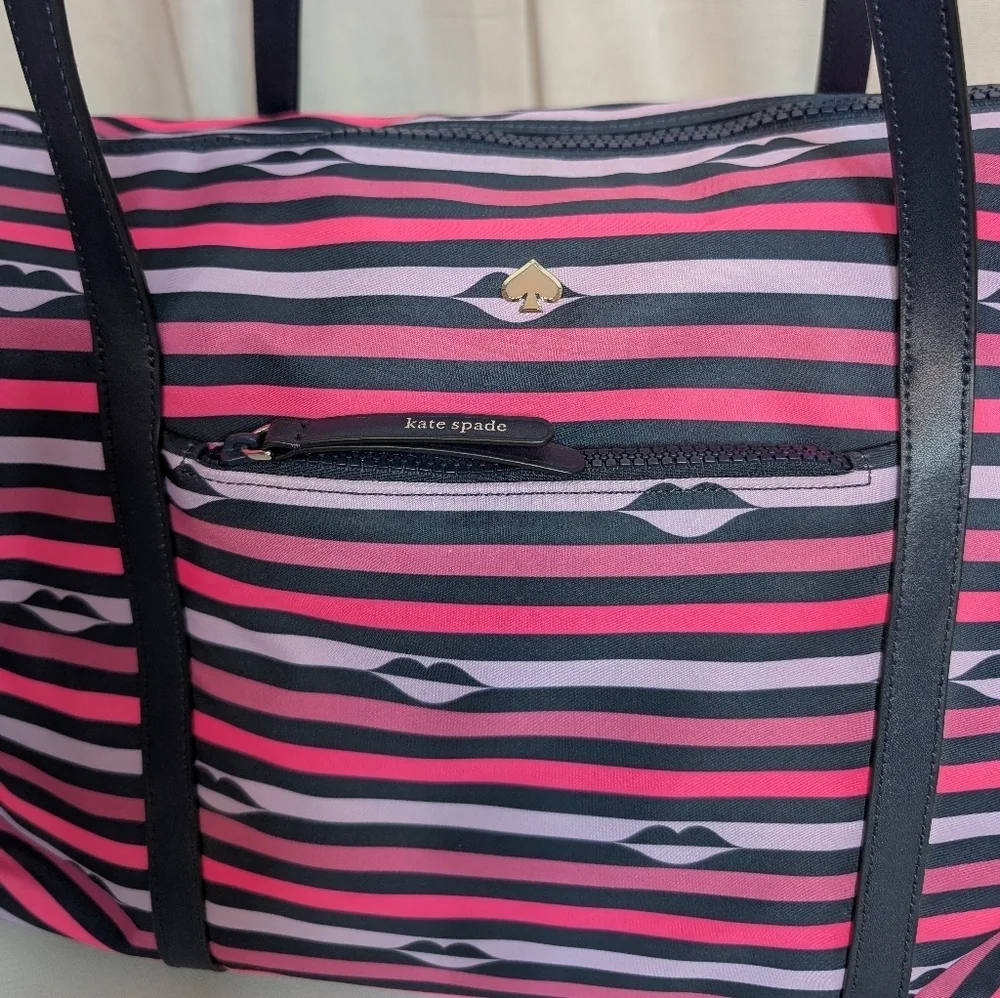 Kate Spade Jae Nylon Pink Striped Patrice Lip Weekender Duffel Bag Like New